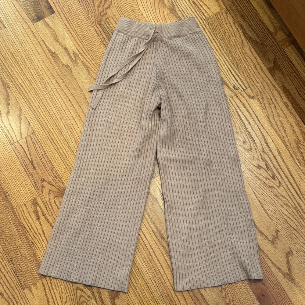 Ribbed Knit Wide-Leg Pants in Tan